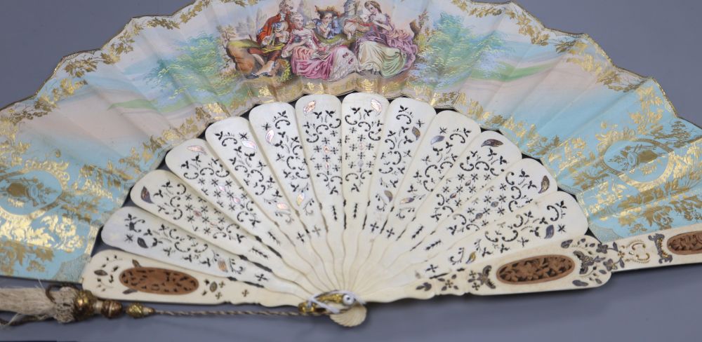 A 19th century French painted leaf and ivory fan